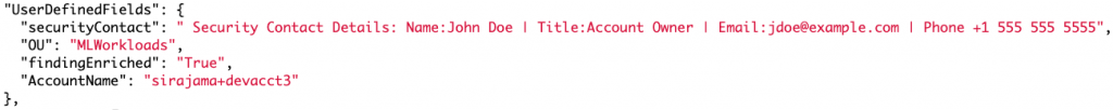 Figure 5: Account metadata enrichment in Security Hub finding’s UserDefinedFields field