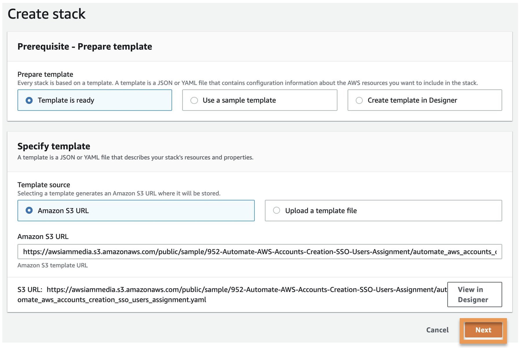 Figure 8: Create stack in CloudFormation