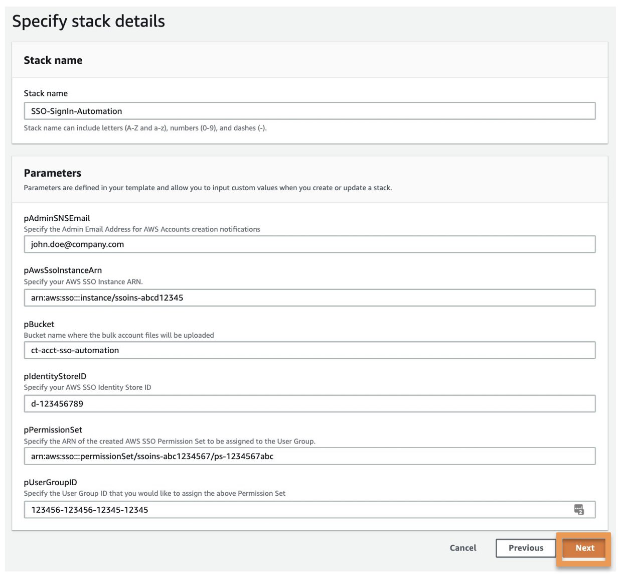 Figure 9: Input parameters into AWS CloudFormation