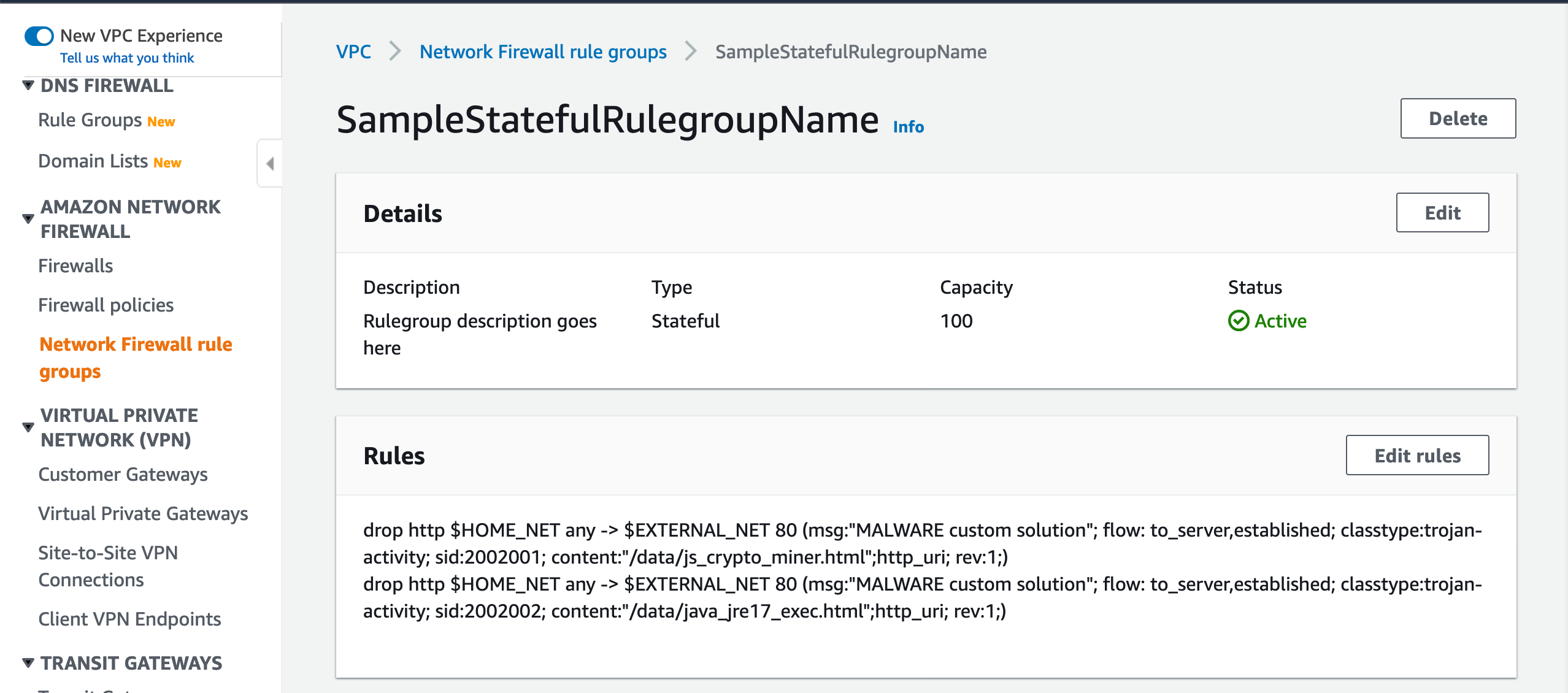 Figure 3. Suricata rules in a Network Firewall rule group