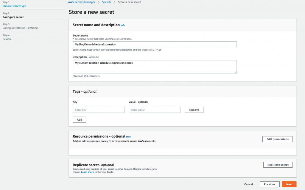 Figure 1: Create a secret to store your RDS Database credentials