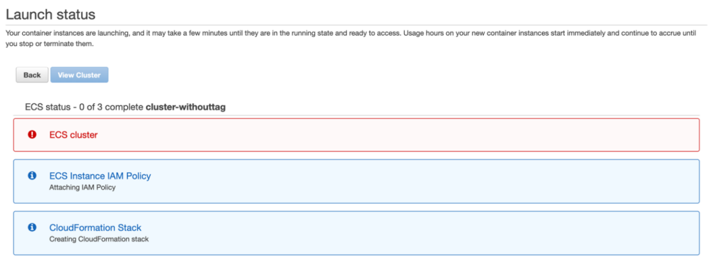 Figure 5. Unsuccessful creation of the ECS cluster due to missing tags