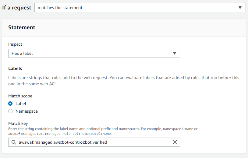 Figure 10: Label match rule statement in a Rule builder with a specific match key