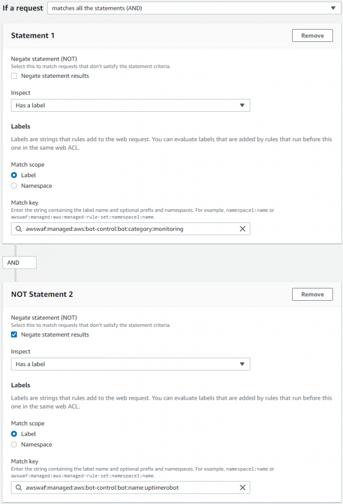 Figure 11: Label match rule statement with AND logic to single out a specific bot name from a category