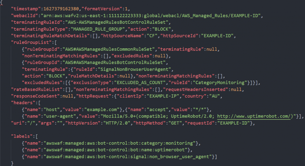 Figure 3: An example of an AWS WAF log record