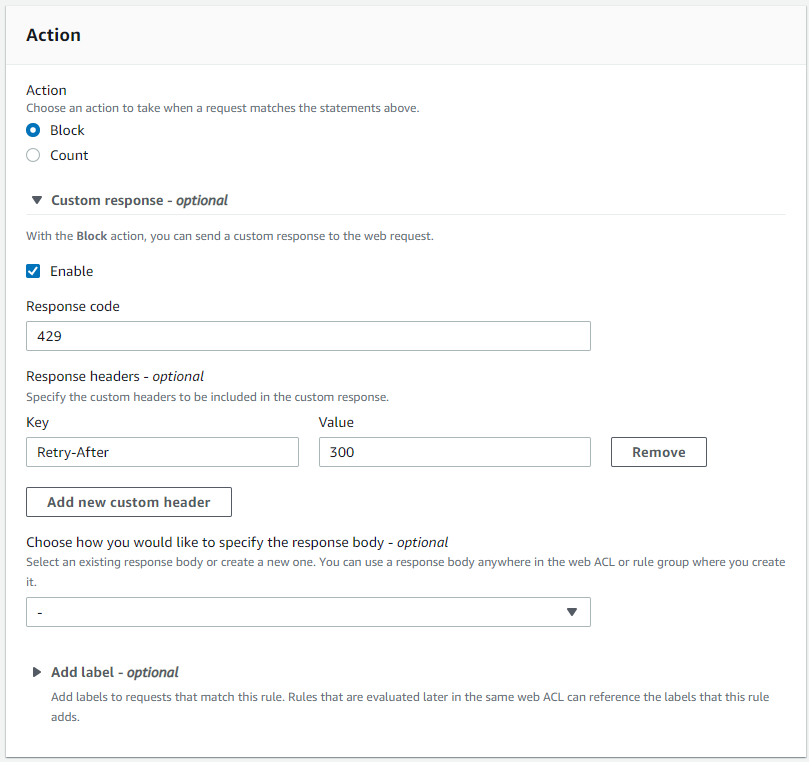 Figure 5: AWS WAF rule action with a custom response code