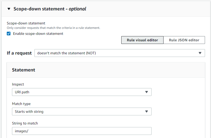 Figure 6: A scope-down statement to match based on a string that a URI path starts with