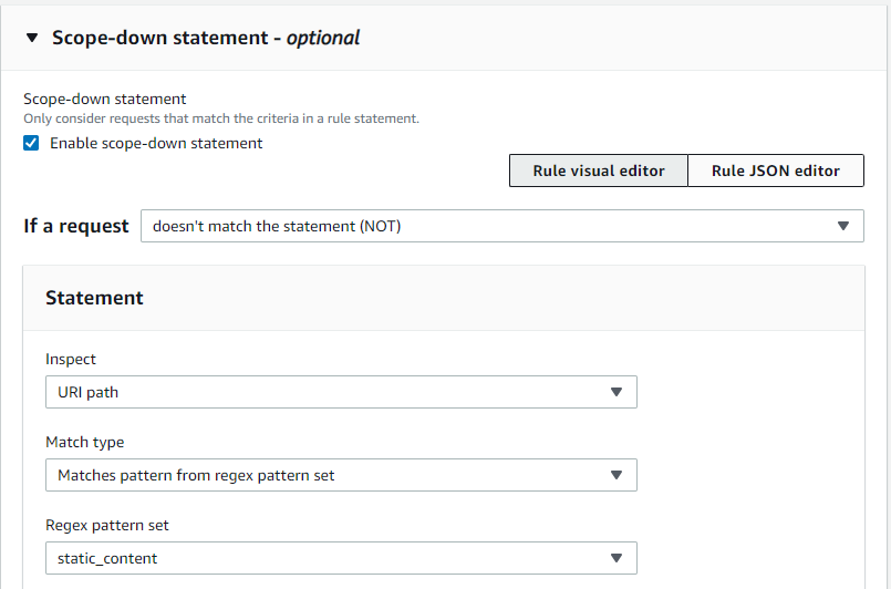 Figure 7: A scope-down statement to match based on a regex pattern set as part of a URI path