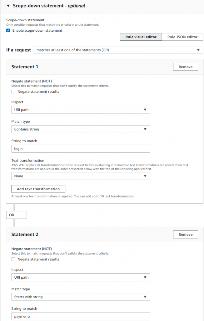 Figure 9: A scope-down statement with OR logic for more sophisticated matching