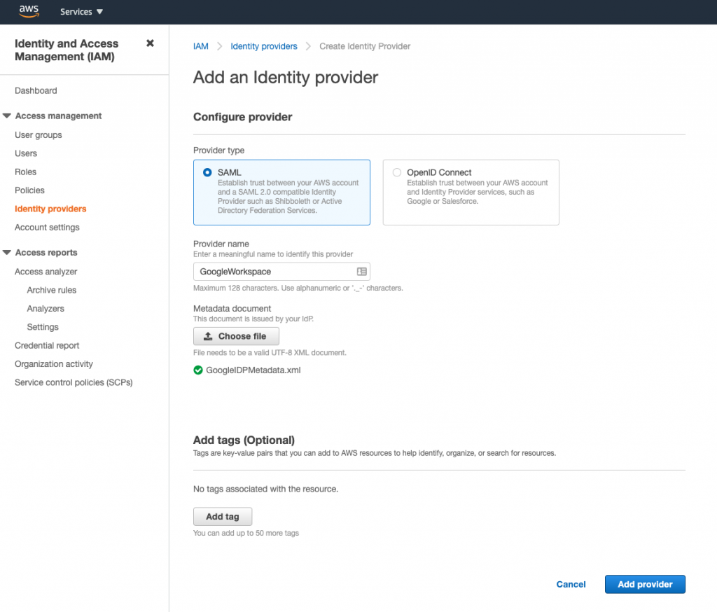 Figure 5: Adding an Identity provider