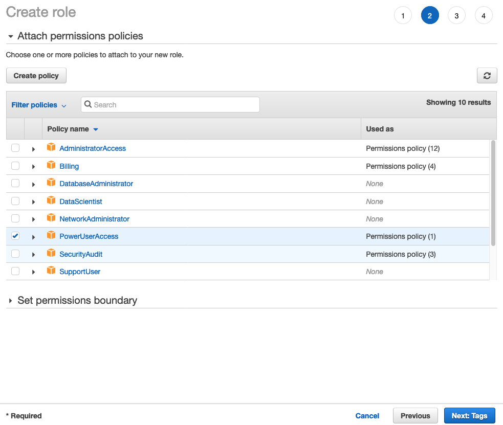 Figure 8: Attaching the PowerUserAccess policy to your role