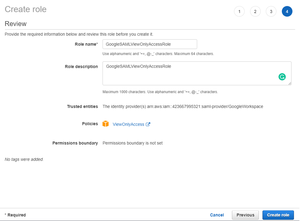 Figure 10: Creating the GoogleSAMLViewOnlyRole