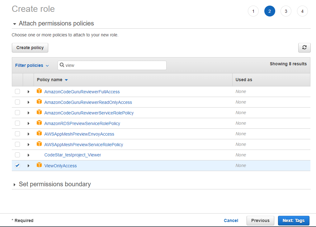 Figure 11: Attaching the ViewOnlyAccess permissions policy