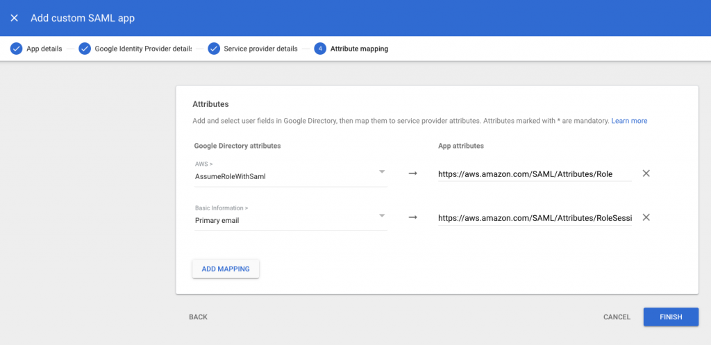 Figure 16: Mapping between Google Directory attributes and SAML attributes