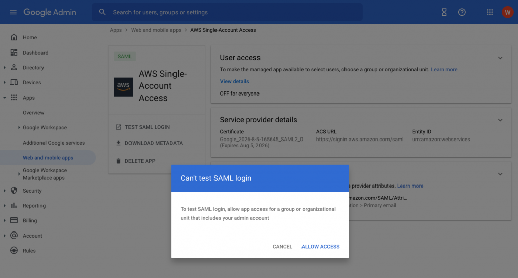 Figure 18: Testing the SAML login