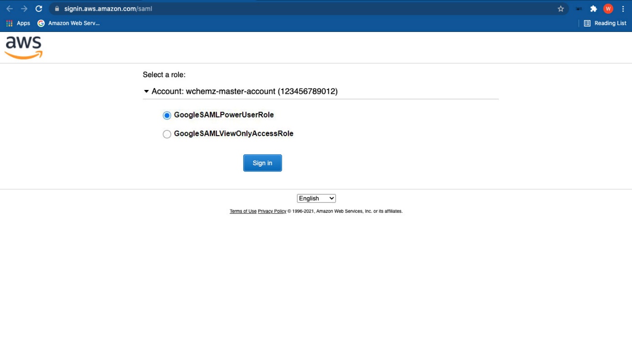 Figure 21: Selecting the IAM role you wish to assume for console access