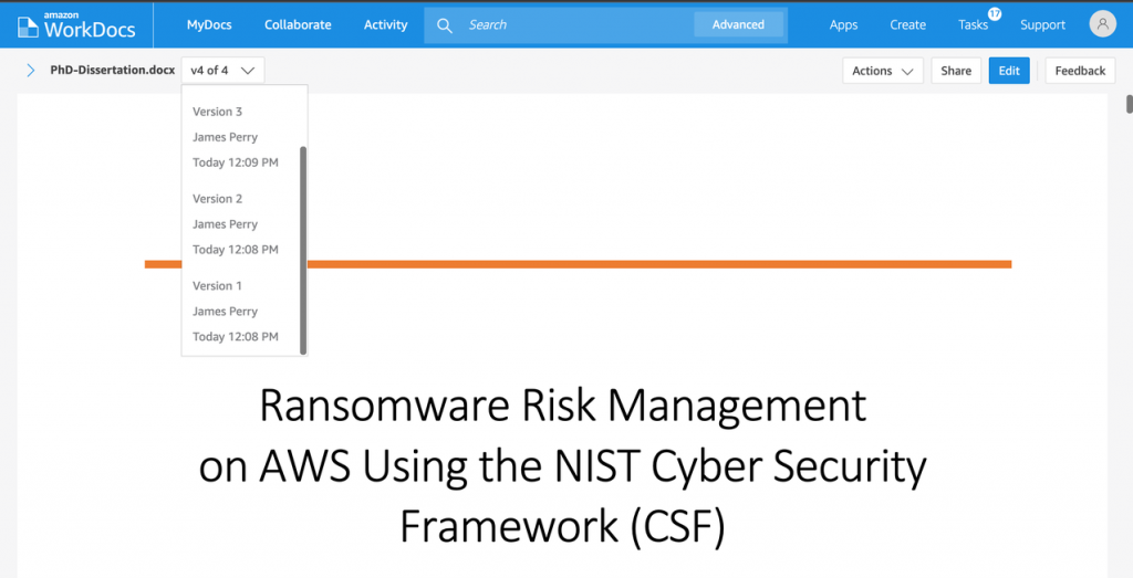 Figure 2: File versioning in Amazon WorkDocs via web browser