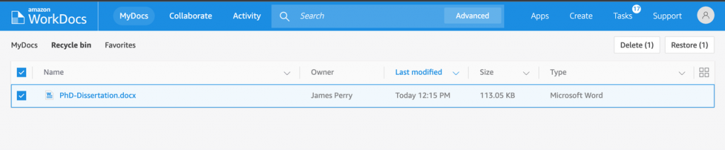 Figure 3: End-user file recovery from recycle bin in Amazon WorkDocs via web browser