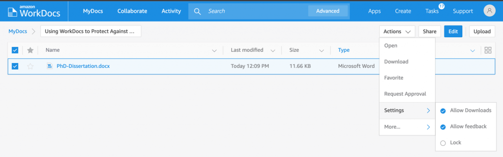 Figure 4: End-user file lock settings in Amazon WorkDocs via web browser