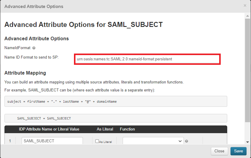 Figure 5. Advanced Attribute Options for SAML_SUBJECT