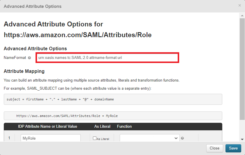 Figure 6. Advanced Attribute Options for https://thinkwithwp.com/SAML/Attributes/Role