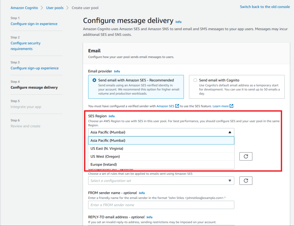 Figure 1: Amazon SES Region drop-down selection with new options