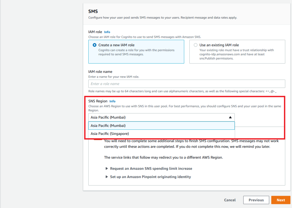 Figure 2: Amazon SNS Region selection drop-down selection with new options