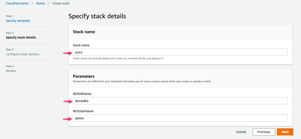 Figure 5. Parameters on the “Specify stack details” page