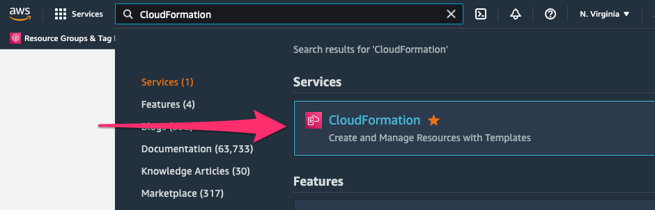 Figure 2. Search for CloudFormation in the search bar