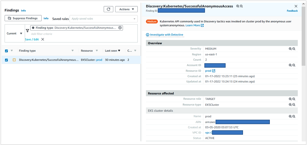 Figure 1: GuardDuty Console showing Discovery:Kubernetes/SuccessfulAnonymousAccess finding type