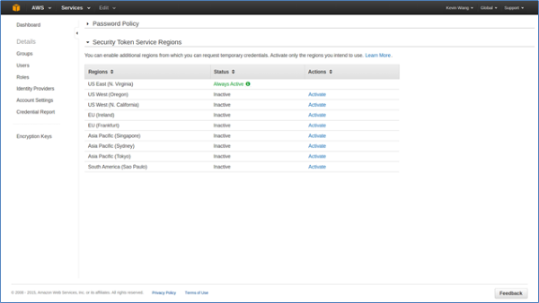 Image of new user interface for managing AWS STS regions