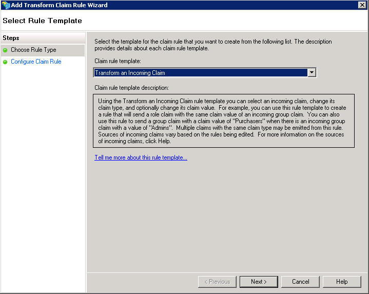 Screenshot of choosing Transform an Incoming Claim