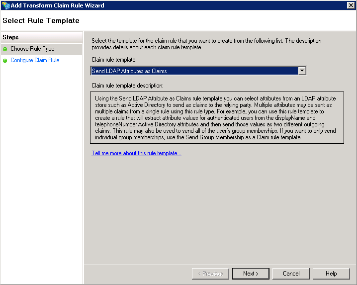 Screenshot of choosing Send LDAP Attributes as Claim