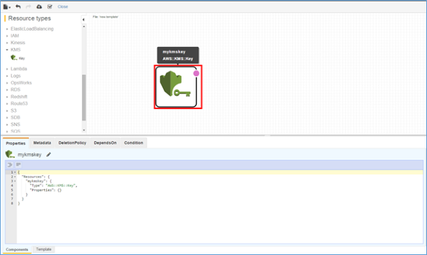 Image of dragging a KMS key resource type into a CloudFormation Designer template