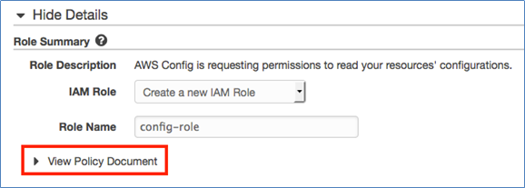 Image of clicking "View Policy Document" to see the permissions to be associated with this IAM role