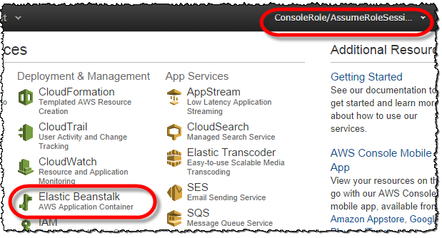 Screenshot showing Elastic Beanstalk enabled for a federated user accessing the AWS Management Console via a role