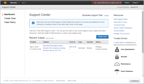 Screenshot showing how the Support Center looks like when a federated user accesses it