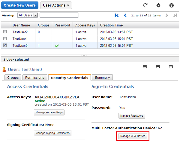 Screenshot of Manage MFA Device on the Users tab