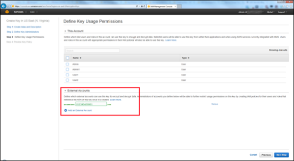 Image of the External Accounts section of the Define Key Usage Permissions page