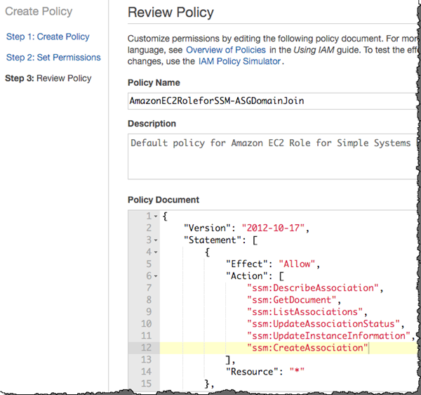 Screenshot of adding the ssm:CreateAssociation permission