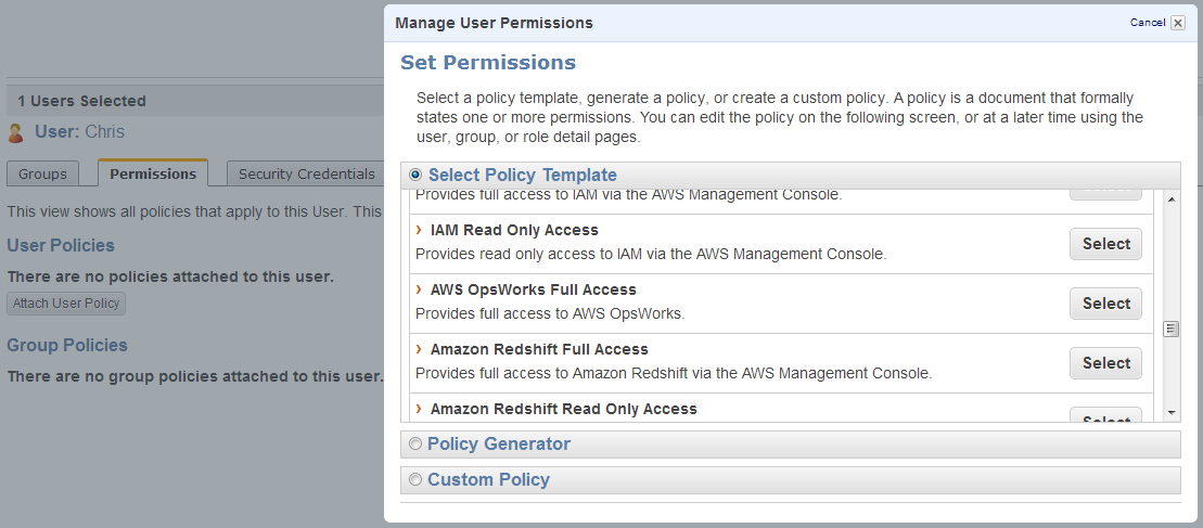 Screenshot showing Chris having AWS OpsWorks Full Access policy template applied to him