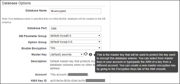 Screenshot of the RDS encryption configuration in AWS Management Console