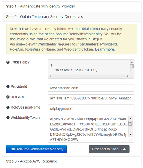 Screenshot of obtaining temporary security credentials