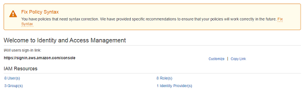 Screenshot of the IAM console with the yellow banner