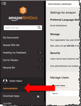 Image of the WorkDocs Administration option