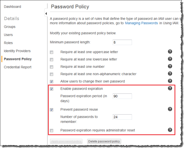 Screenshot showing the new features on the updated Password Policy page