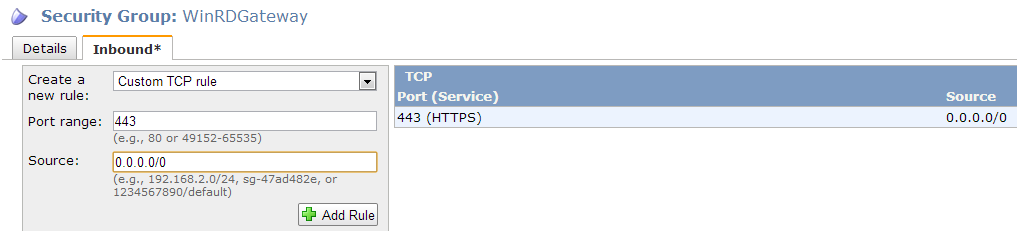 Figure 2: RDP port (TCP/3389) rule you previously created for the RD Gateway instance removed