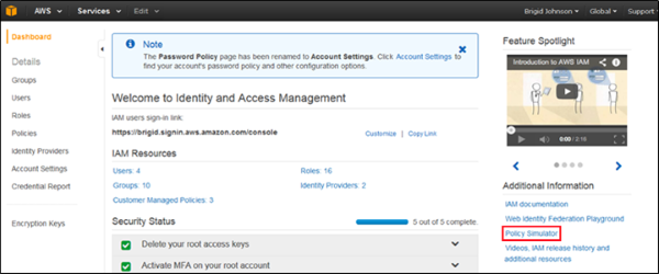 Image of the Policy Simulator link in the IAM console