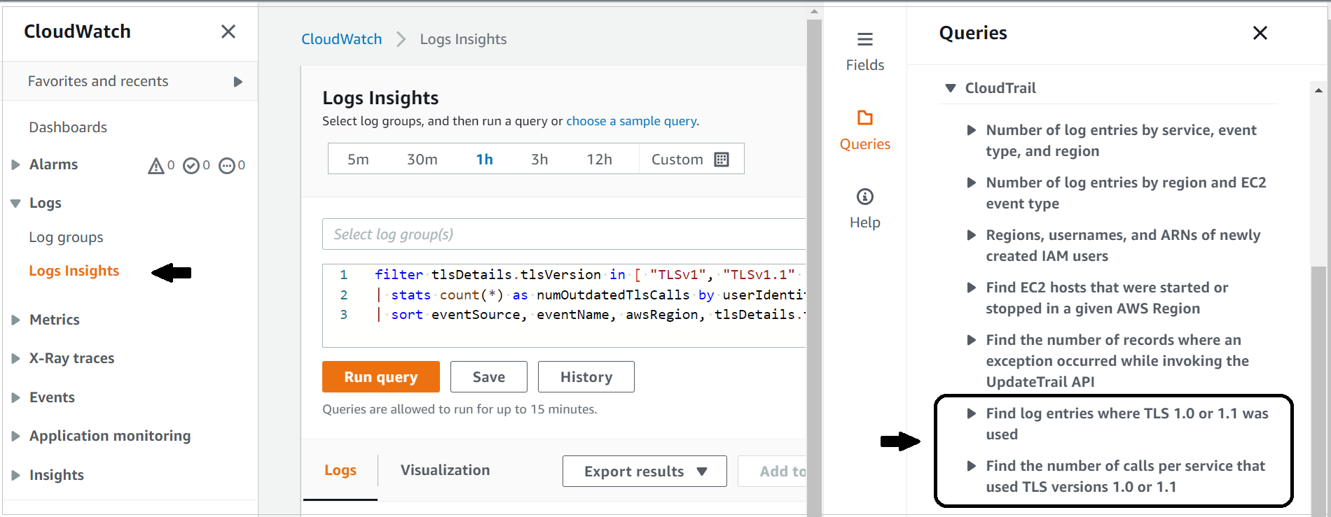 Figure 2: Available sample TLS queries for CloudWatch Log Insights