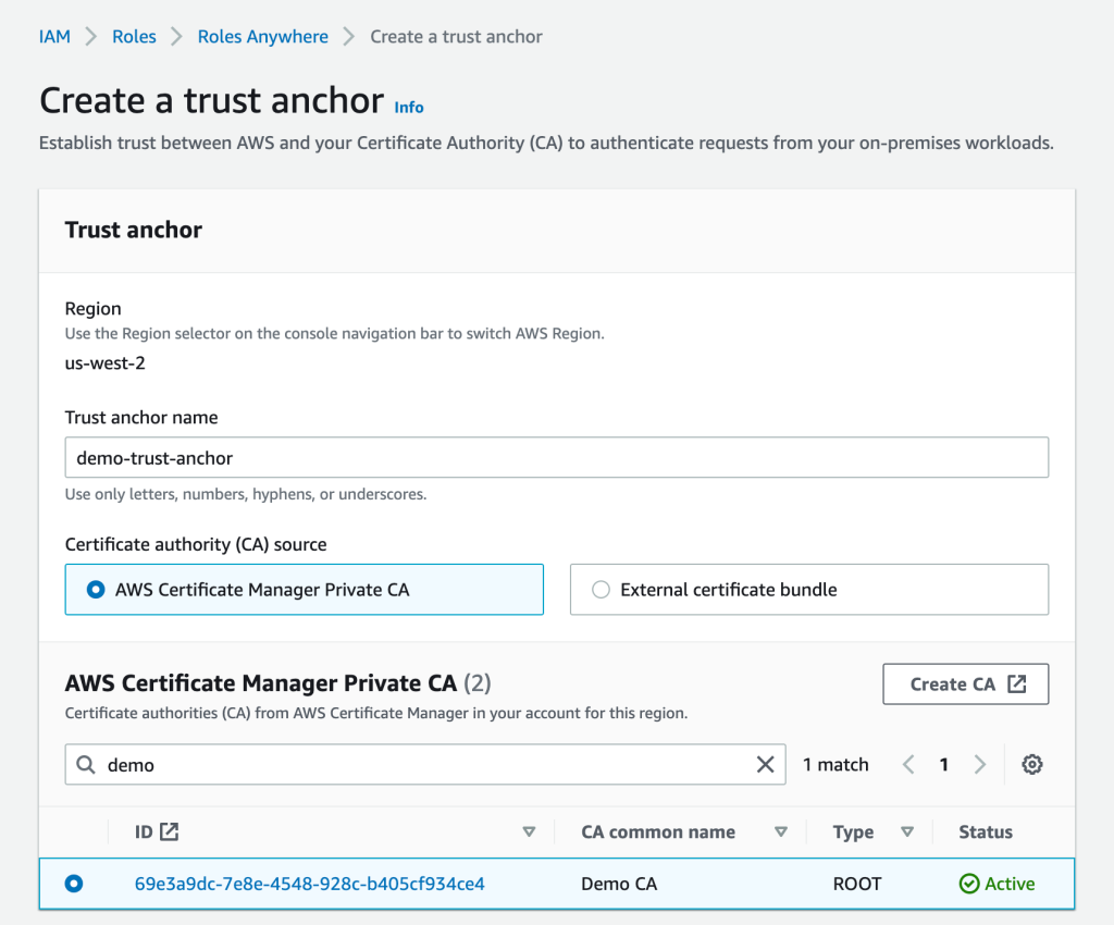 Figure 1: Create a trust anchor in IAM Roles Anywhere